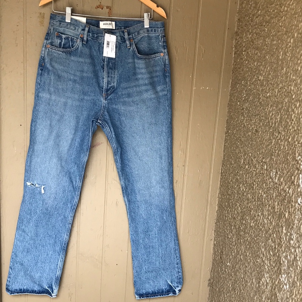 Agolde High Rise Straight Leg Jeans in Light Blue Wash